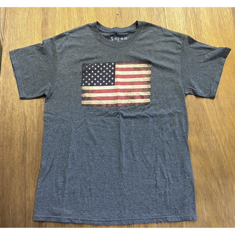 5 Star American Flag Grey Graphic Tee Crew Neck Men's Large